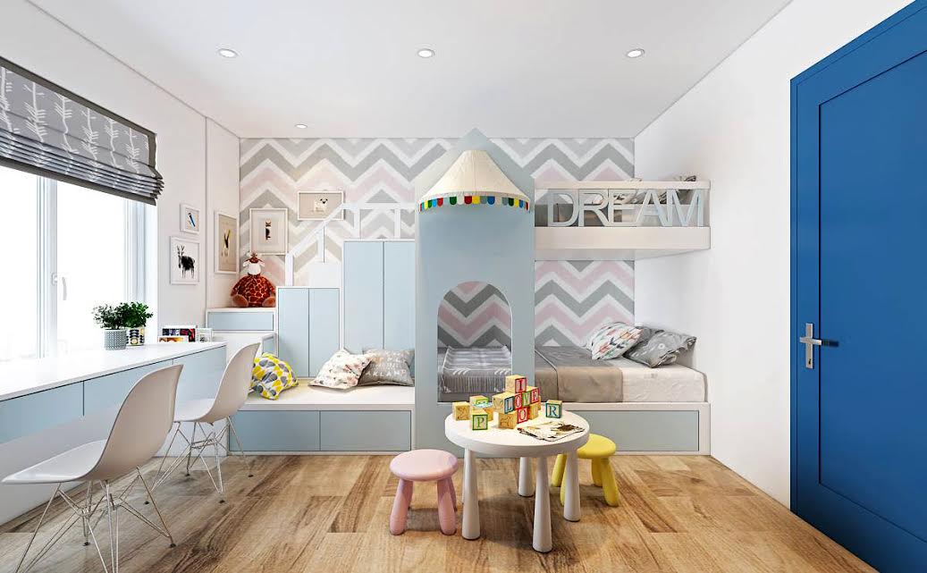 Phòng ngủ màu xanh giúp các bé thỏa thích đam mê và sáng tạo
